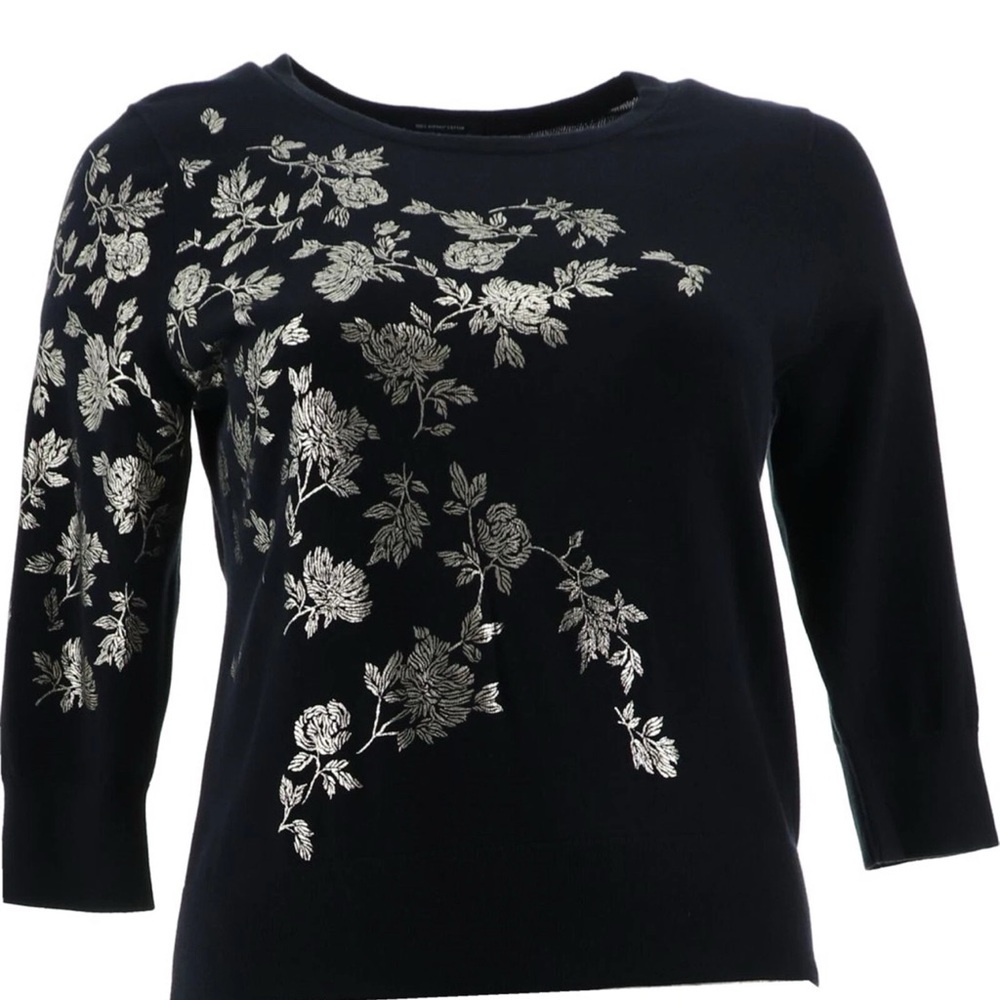 Lands' End Black and Silver Crew Neck Sweater with Floral Embroidery